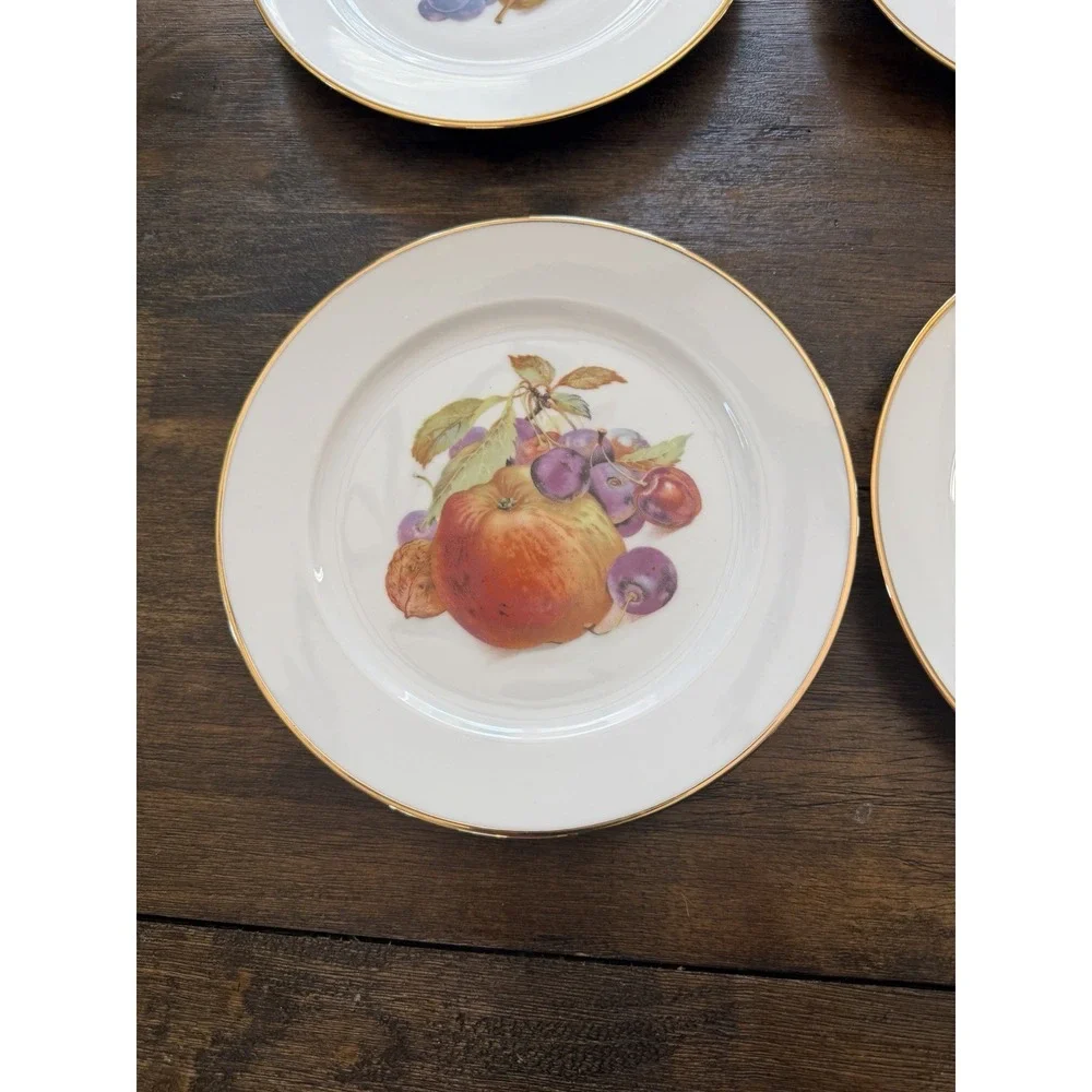 Josef Kuba Vintage Western Germany Fruit Plates Set of 6 Gold Trim Porcelain 8